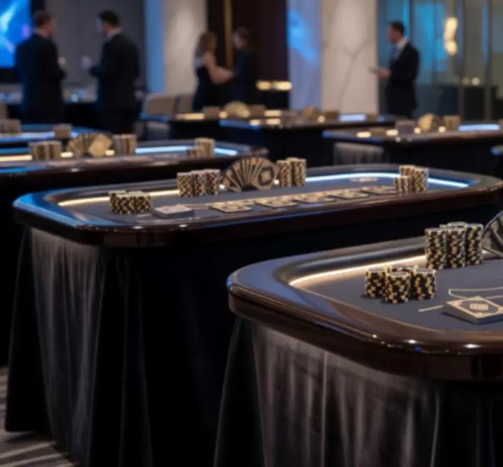 Strefa gry Desert Fox Software Jacek Dyr przygotowana na event firmowy – stoły do pokera, ruletki i blackjacka