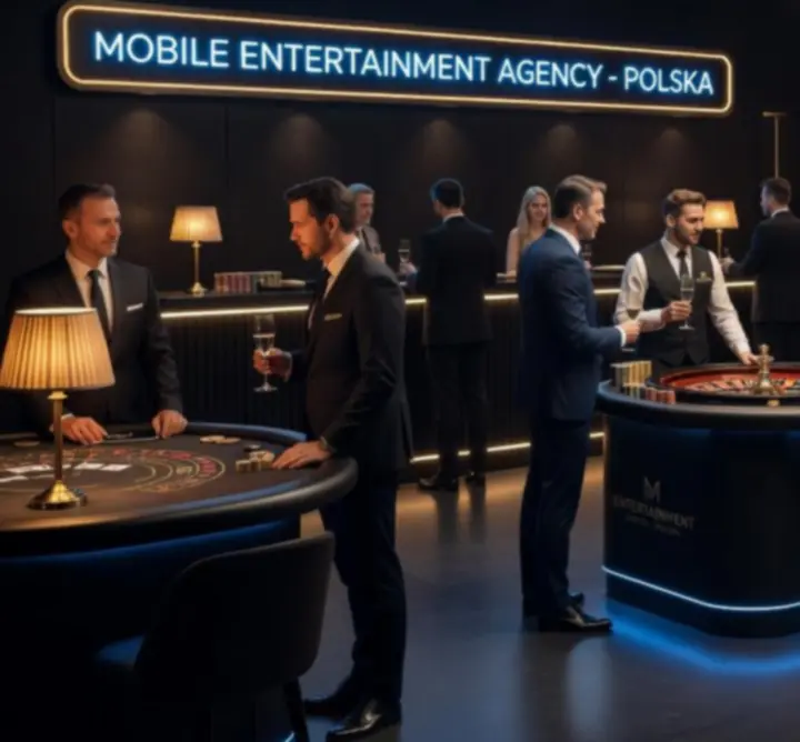 Goście bawiący się przy stołach casino na eleganckim evencie Desert Fox Software Jacek Dyr