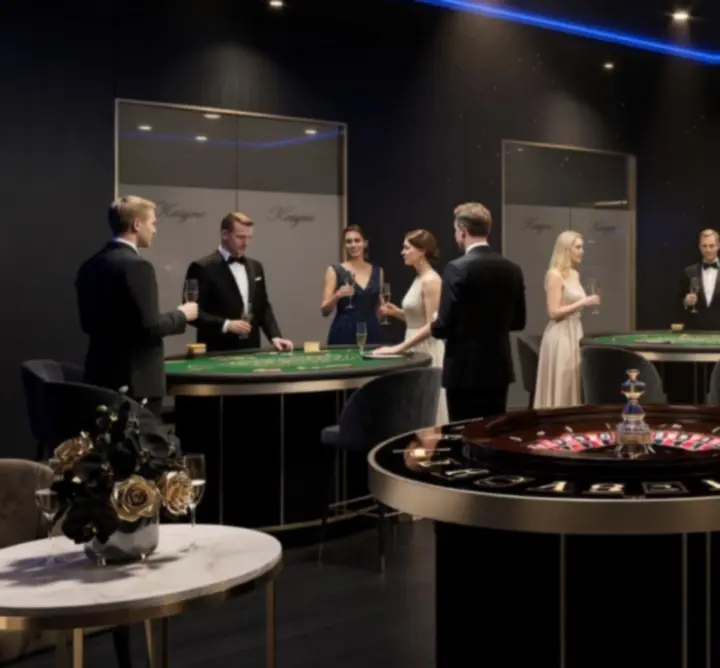 Eleganckie przyjęcie w stylu kasyna z neonową scenografią i stołami do gry