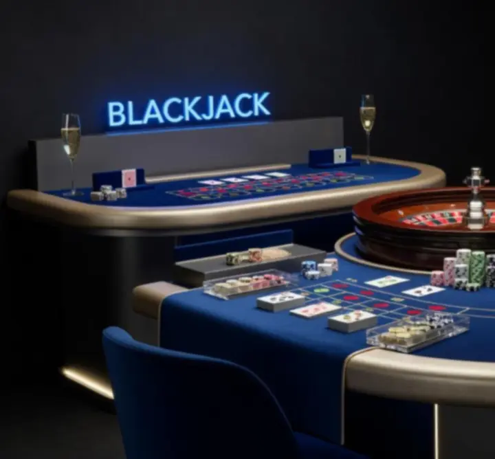 Oprawa eventowa w stylu casino z neonowym oświetleniem i stołami do gier