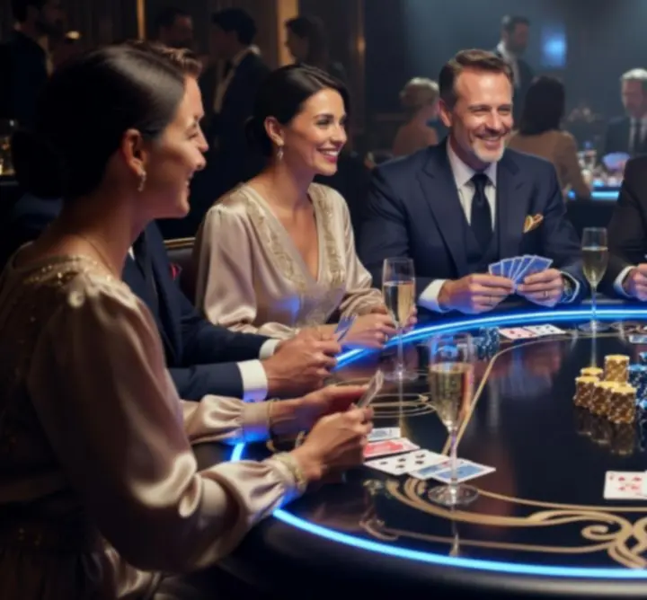 Dynamiczna scena z wieczoru pokerowego podczas eventu