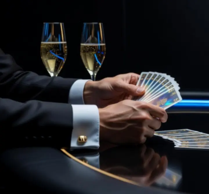 Atmosfera wieczoru pokerowego Desert Fox Software Jacek Dyr z połyskującymi żetonami i nowoczesnym oświetleniem